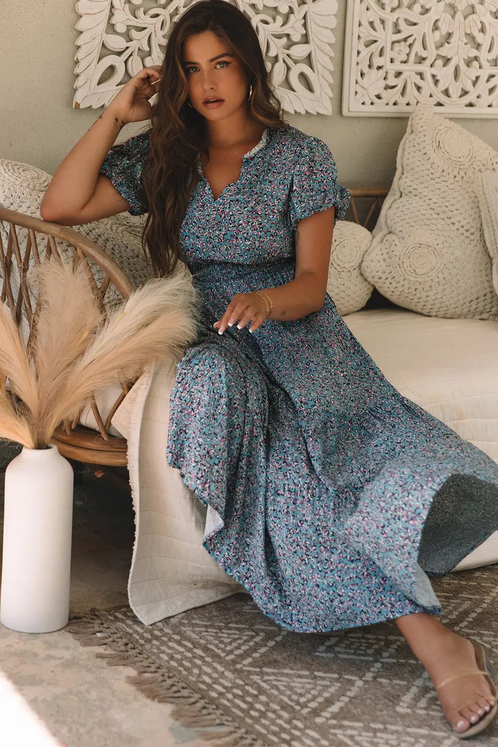 Helena Shirred Short Puff Sleeve Maxi Dress in Stylish Print - Love Salve 