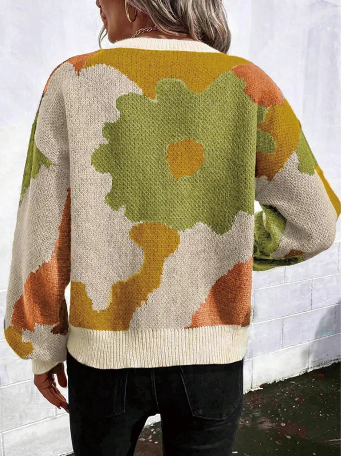 Floral Pattern Round Neck Sweater Simply Love