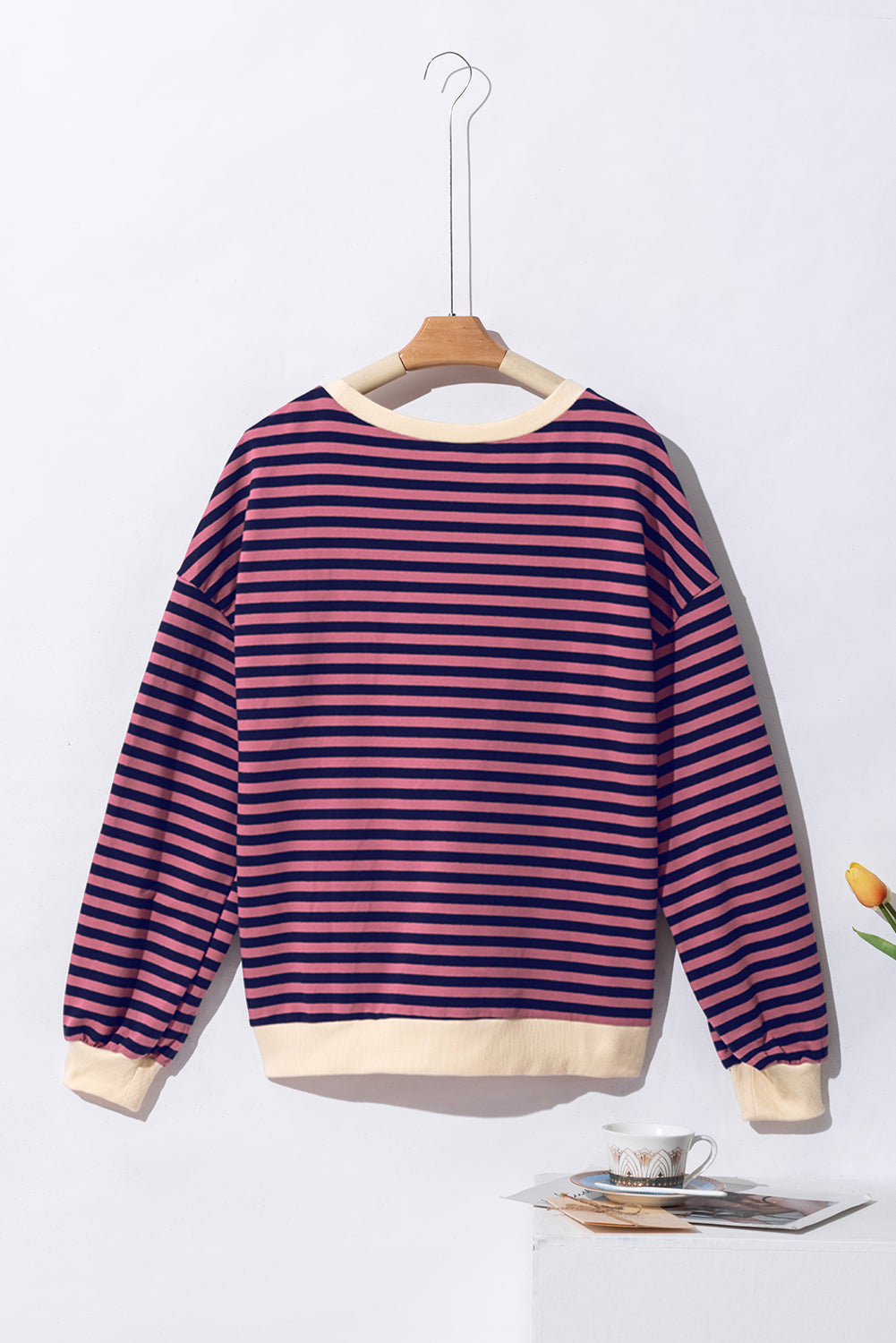 Cozy red striped oversized pullover with contrast trim