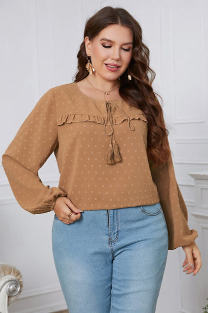 Melo Apparel Plus Size Swiss Dot Frill Trim Round Neck Blouse.