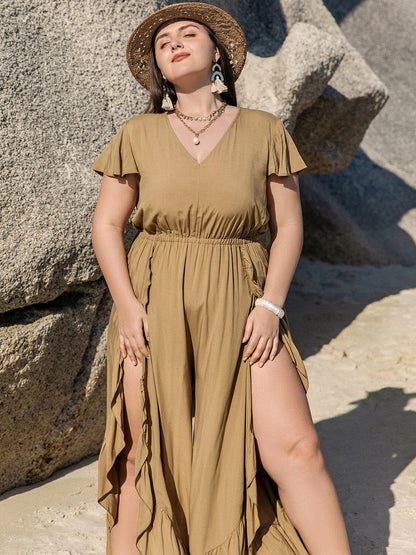 Plus Size Slit Ruffled V-Neck Jumpsuit.