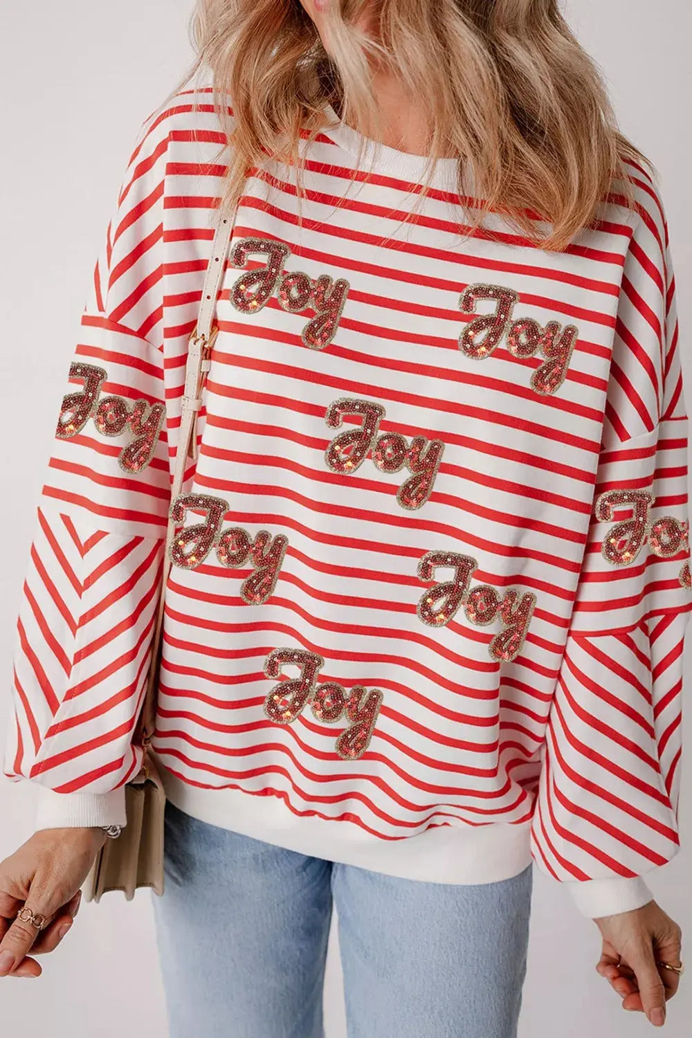 Stripe Sequined Joy Pattern Patchwork Sleeve Round Neck Sweatshirt Simply Love