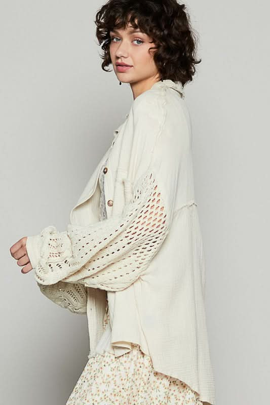 Gauzy Openwork Lantern Sleeve Button-Up Shirt