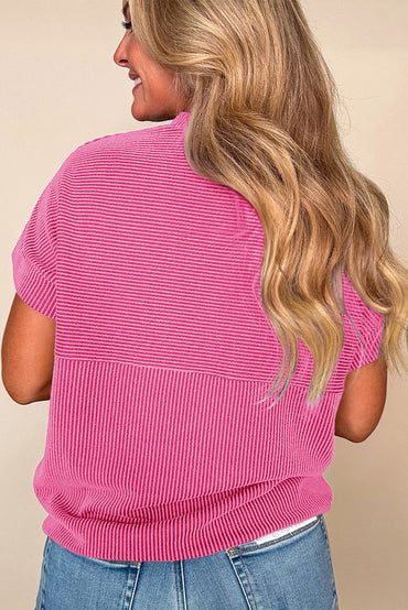 Bright Pink Plain Corded Knit Mock Neck T Shirt for Women