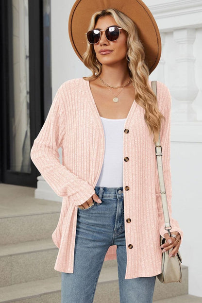 Ribbed Button Up Long Sleeve Cardigan.