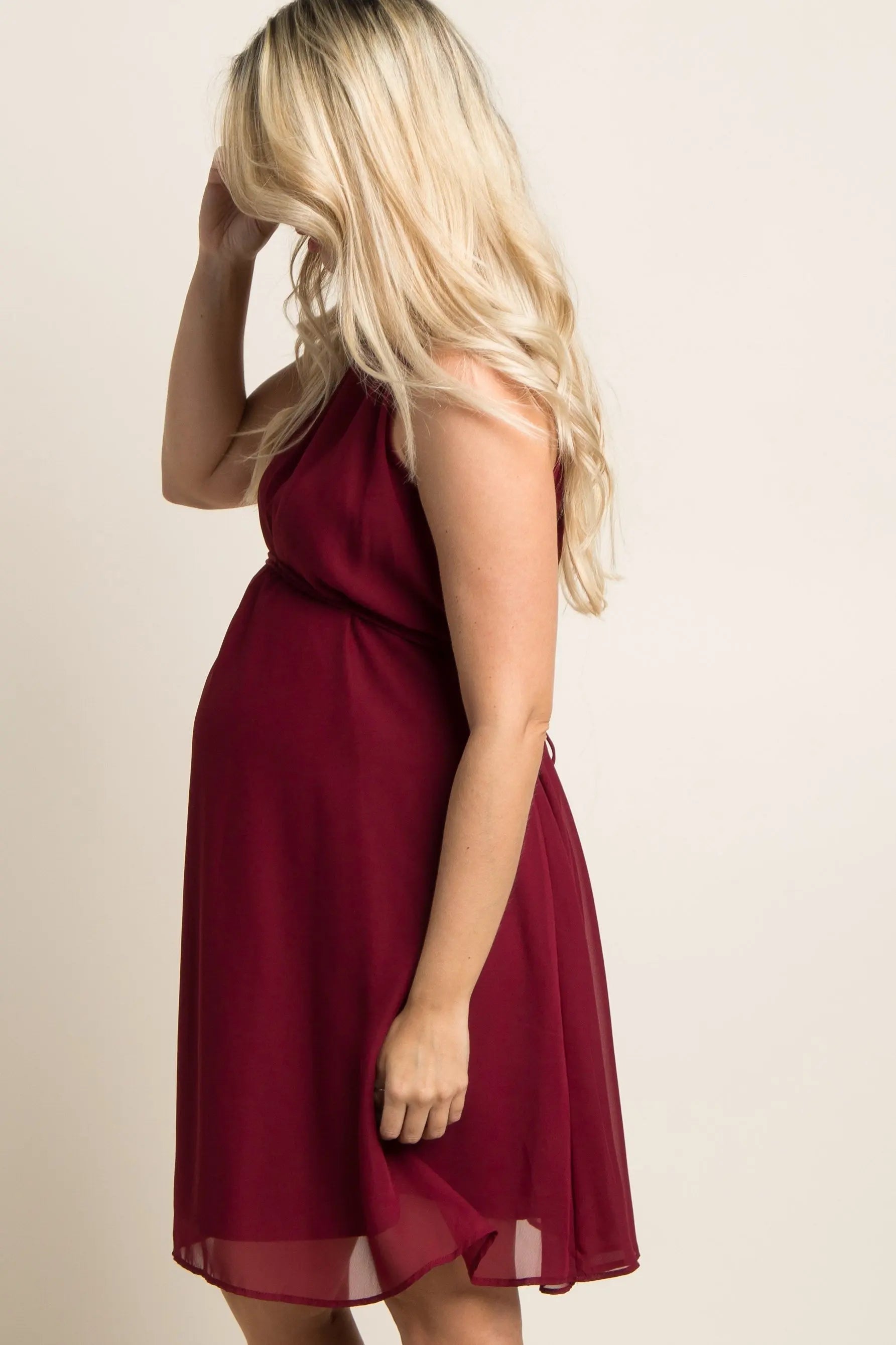 Burgundy Chiffon High Neck Maternity Dress Sleeveless Back Tie Double Lined PinkBlush