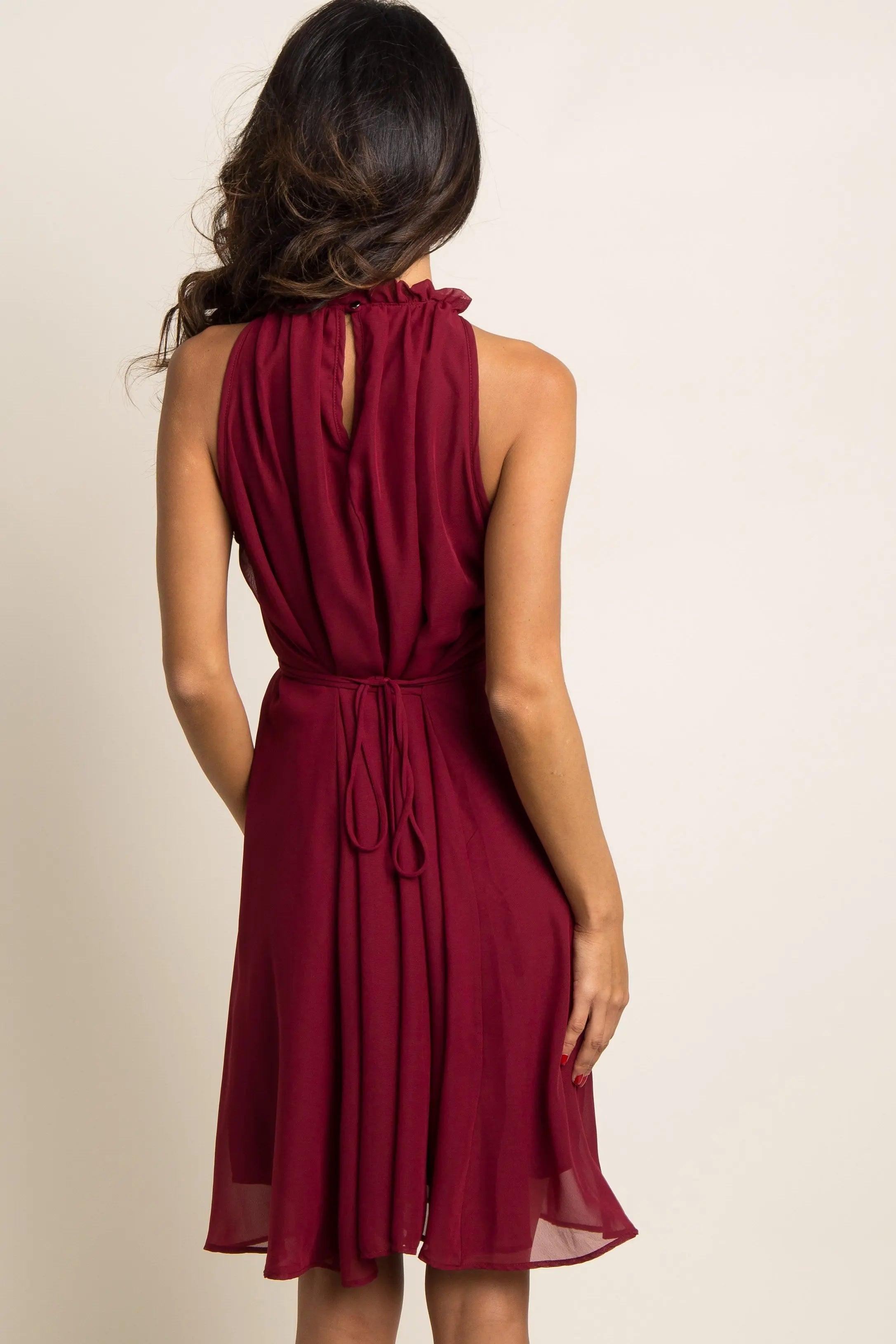 Burgundy Chiffon High Neck Sleeveless Dress With Ruffle Collar PinkBlush