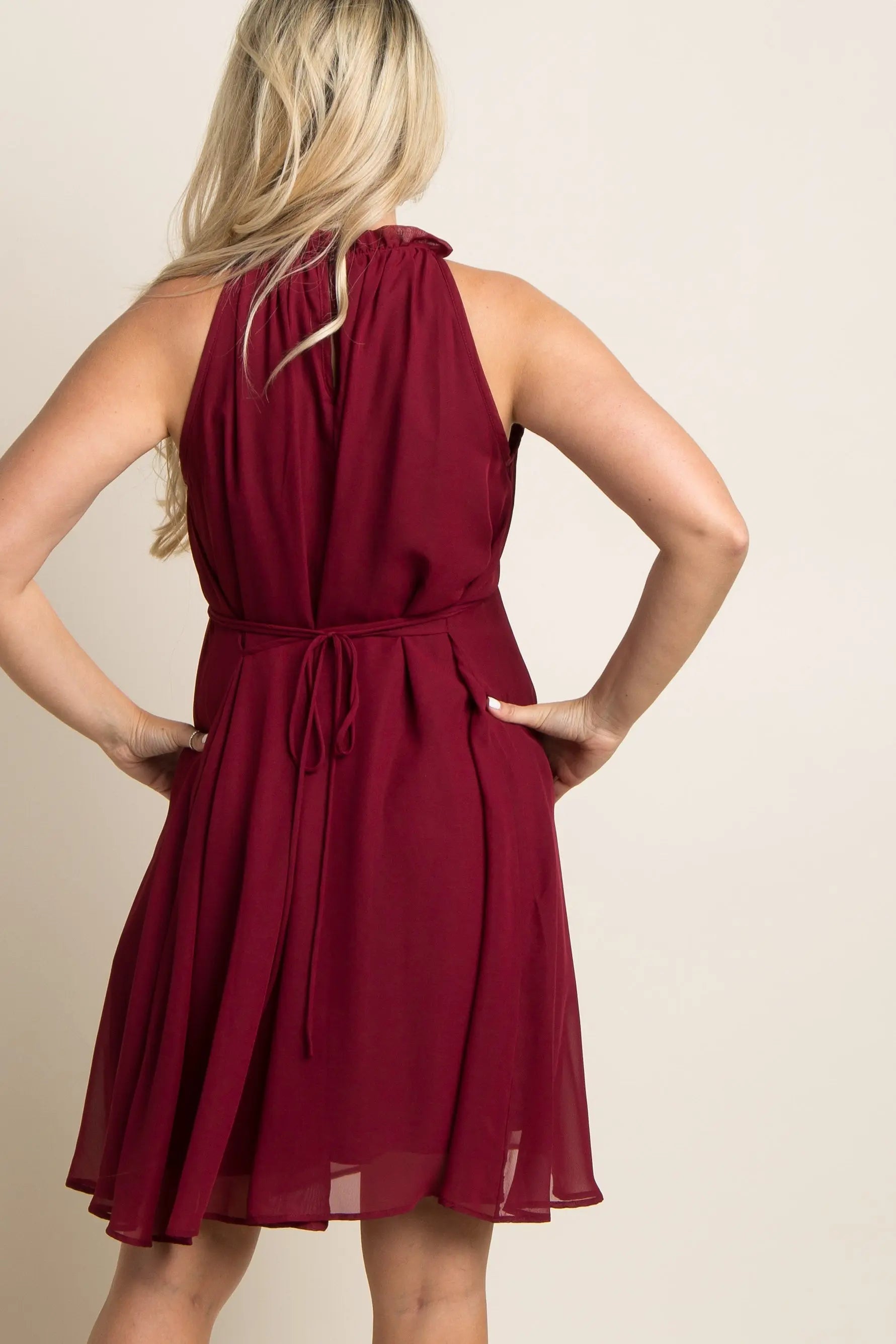 Burgundy Chiffon High Neck Maternity Dress Sleeveless Back Tie Double Lined PinkBlush