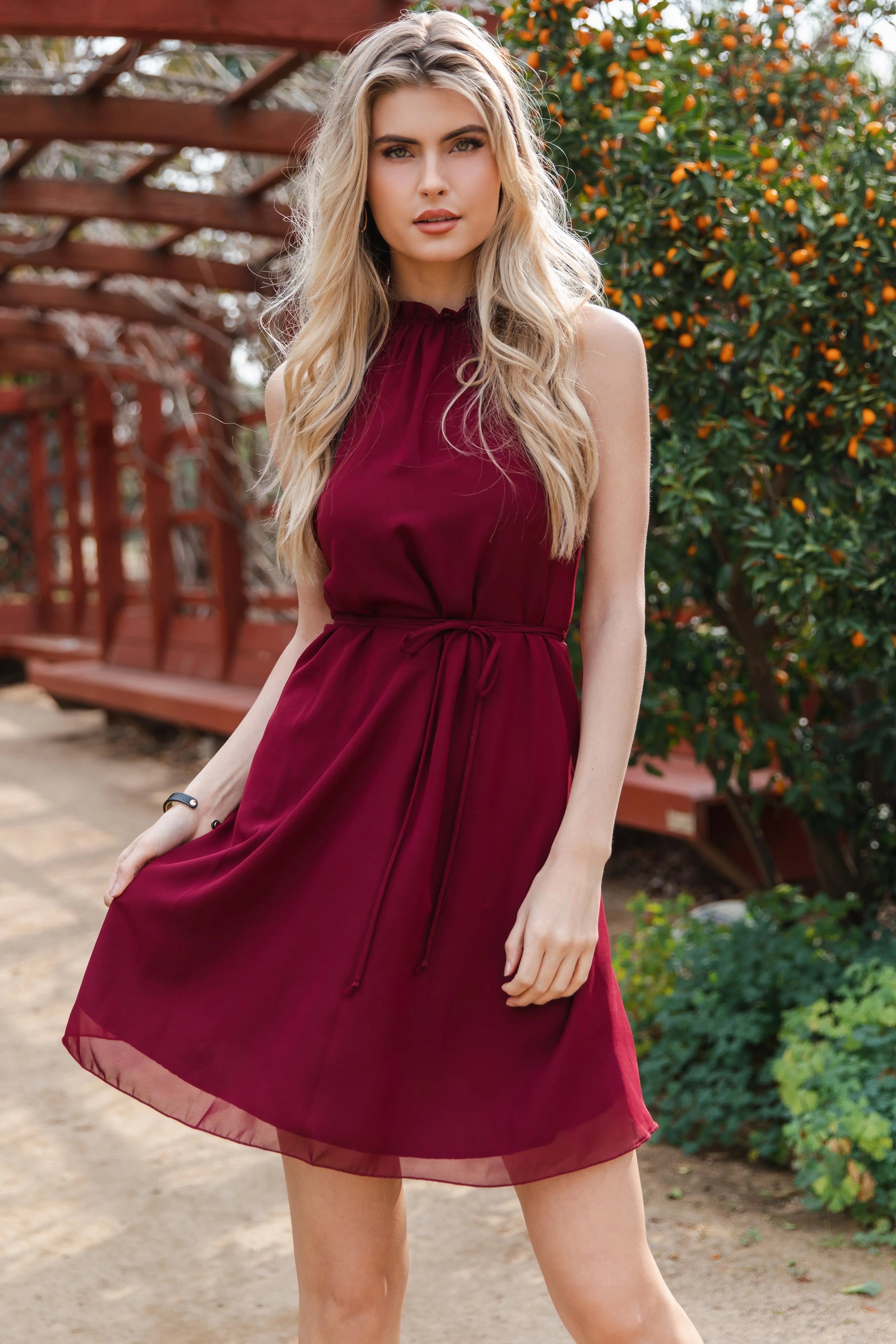 Burgundy Chiffon High Neck Sleeveless Dress With Ruffle Collar PinkBlush