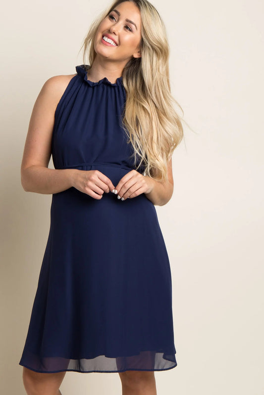 Navy Blue Chiffon Maternity Dress With High Neckline PinkBlush