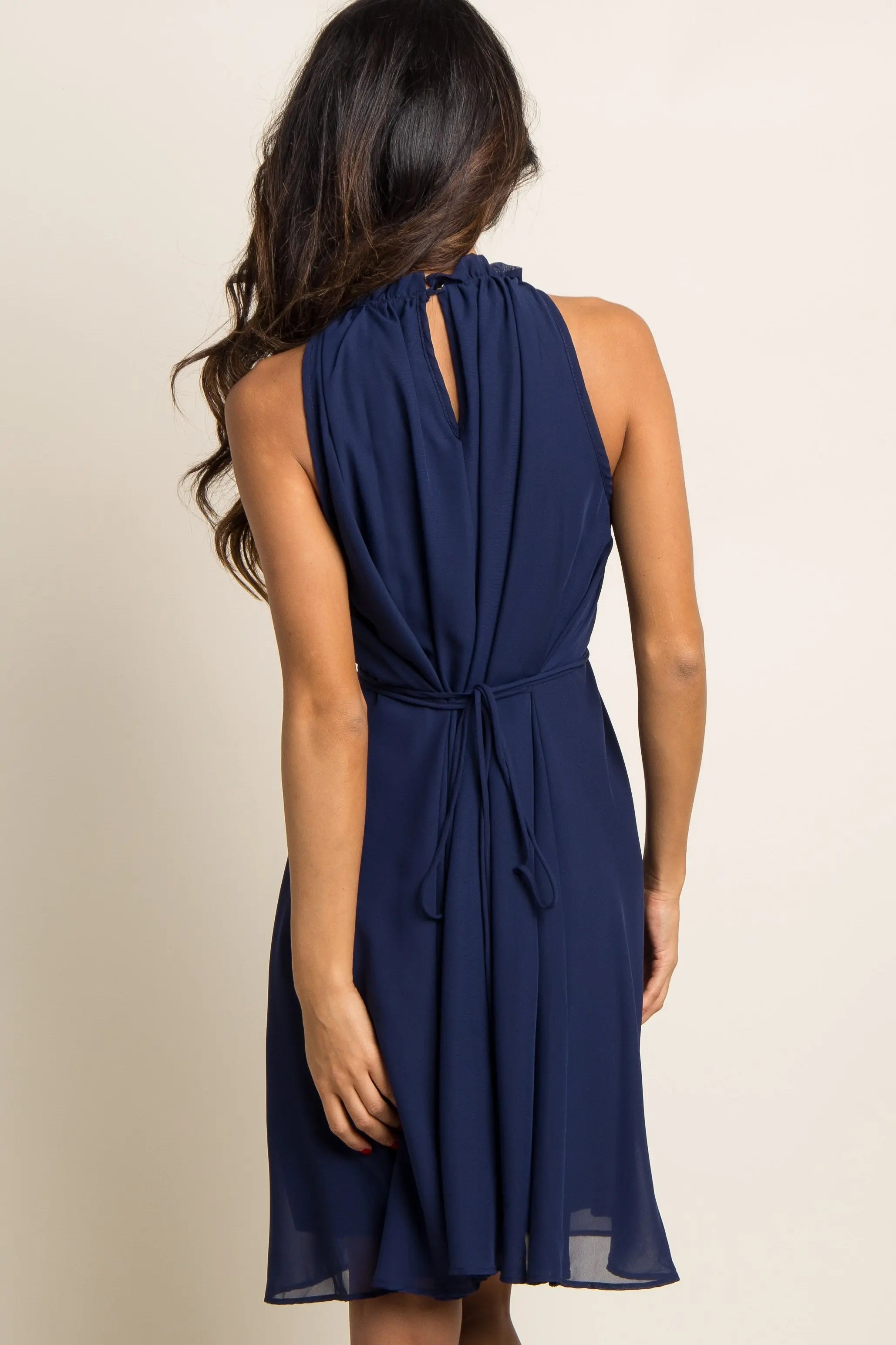 Navy Blue Sleeveless Chiffon High Neck Dress With Tie Back PinkBlush