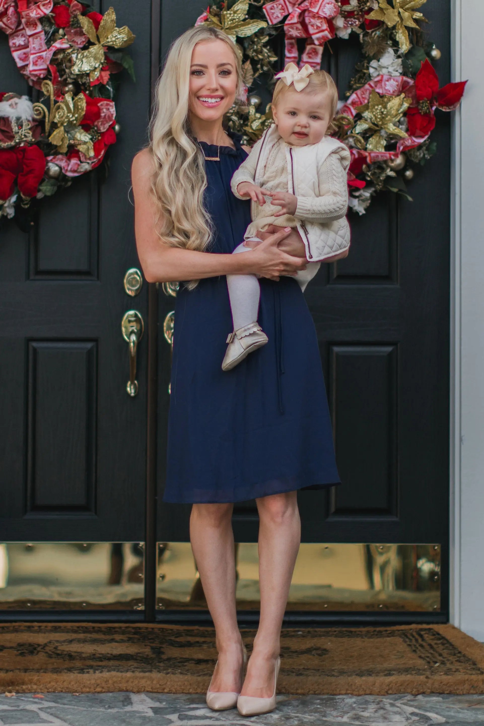 Navy Blue Sleeveless Chiffon High Neck Dress With Tie Back PinkBlush