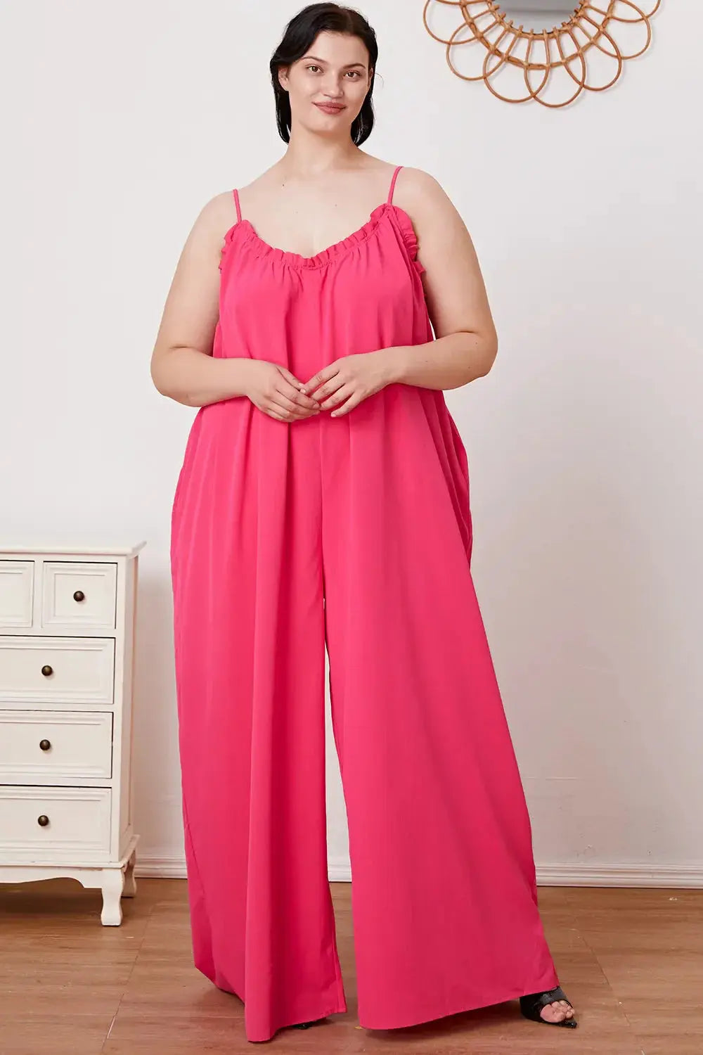 Double Take Full Size Ruffle Trim Tie Back Cami Jumpsuit with Pockets - Love Salve