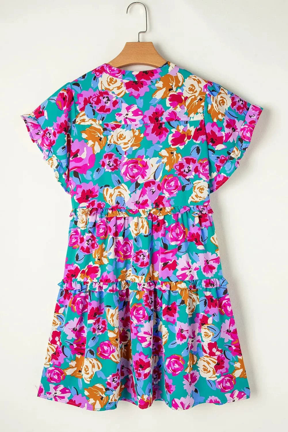 Ruffled Printed Notched Short Sleeve Mini Dress.