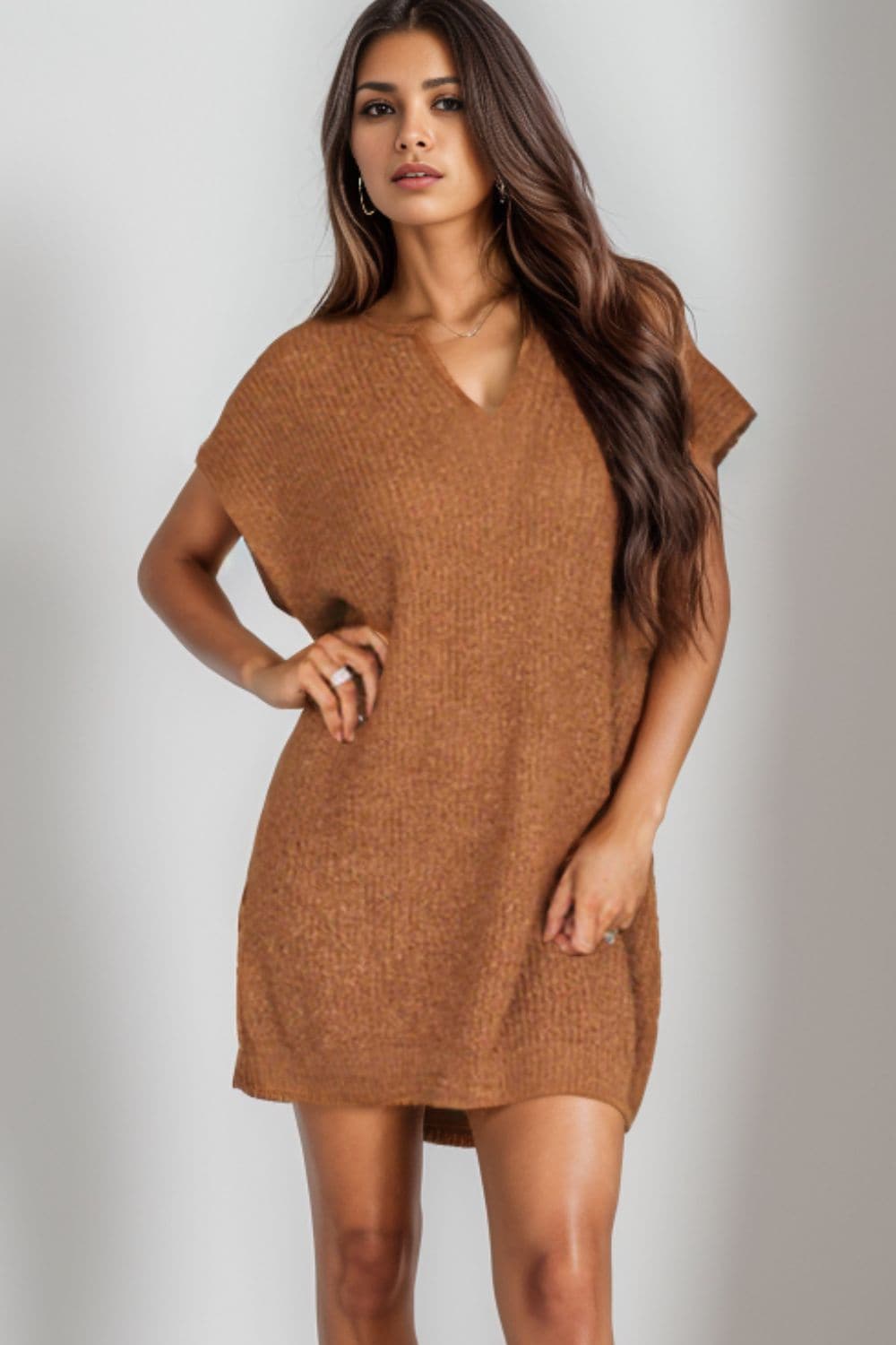 Notched Cap Sleeve Mini Sweater Dress.