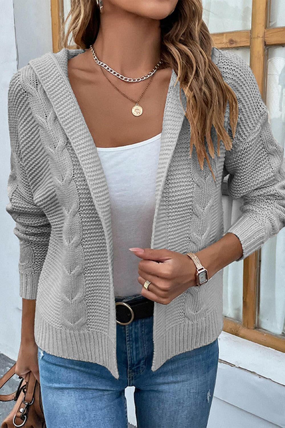 Cable-Knit Dropped Shoulder Hooded Cardigan.