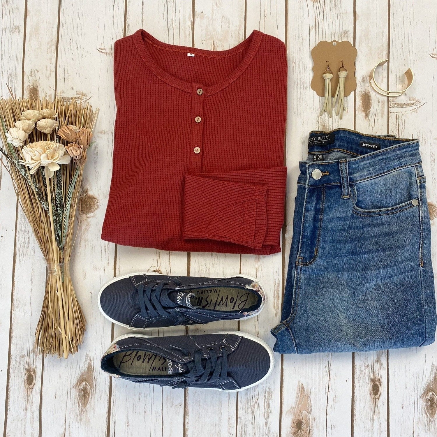 Rust Henley Shirt Women Long Sleeve With Thumb Holes Waffle Knit MM