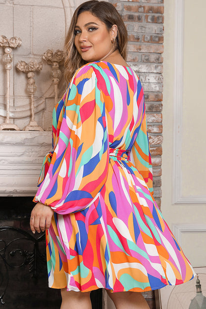 Vibrant multicolor abstract belted shift dress with oversized sleeves