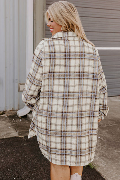 Chic white plaid tunic shacket with stylish side slits in plus sizes