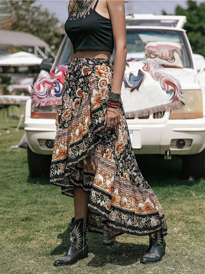 Printed High-Low Ruffle Hem Skirt.