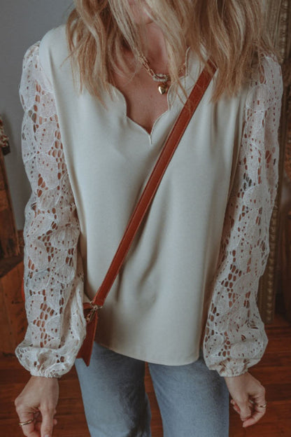 Lace-Embellished V-Neck Blouse with Balloon Sleeves