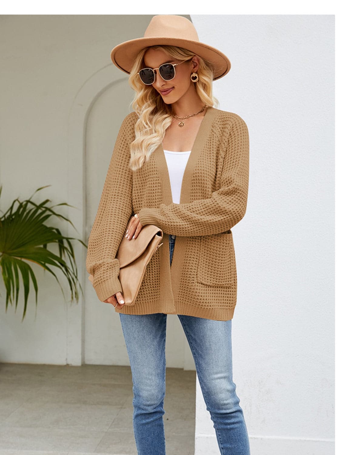 Open Front Raglan Sleeve Pocketed Cardigan.