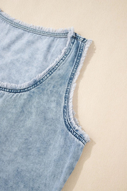 Mineral Wash Denim Frayed U Neck Sleeveless Top