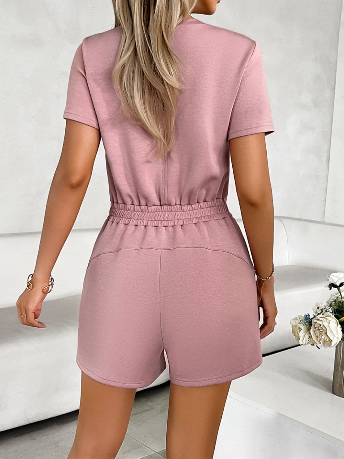 Tied Round Neck Short Sleeve Romper.