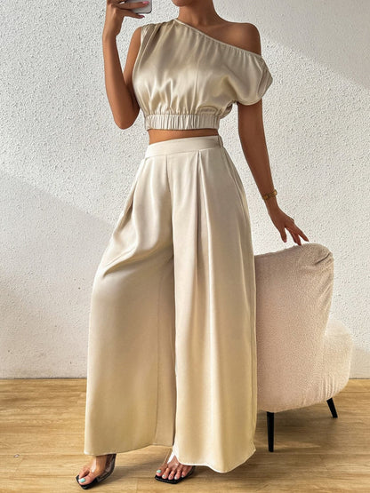 One Shoulder Short Sleeve Top and Wide Leg Pants Set.