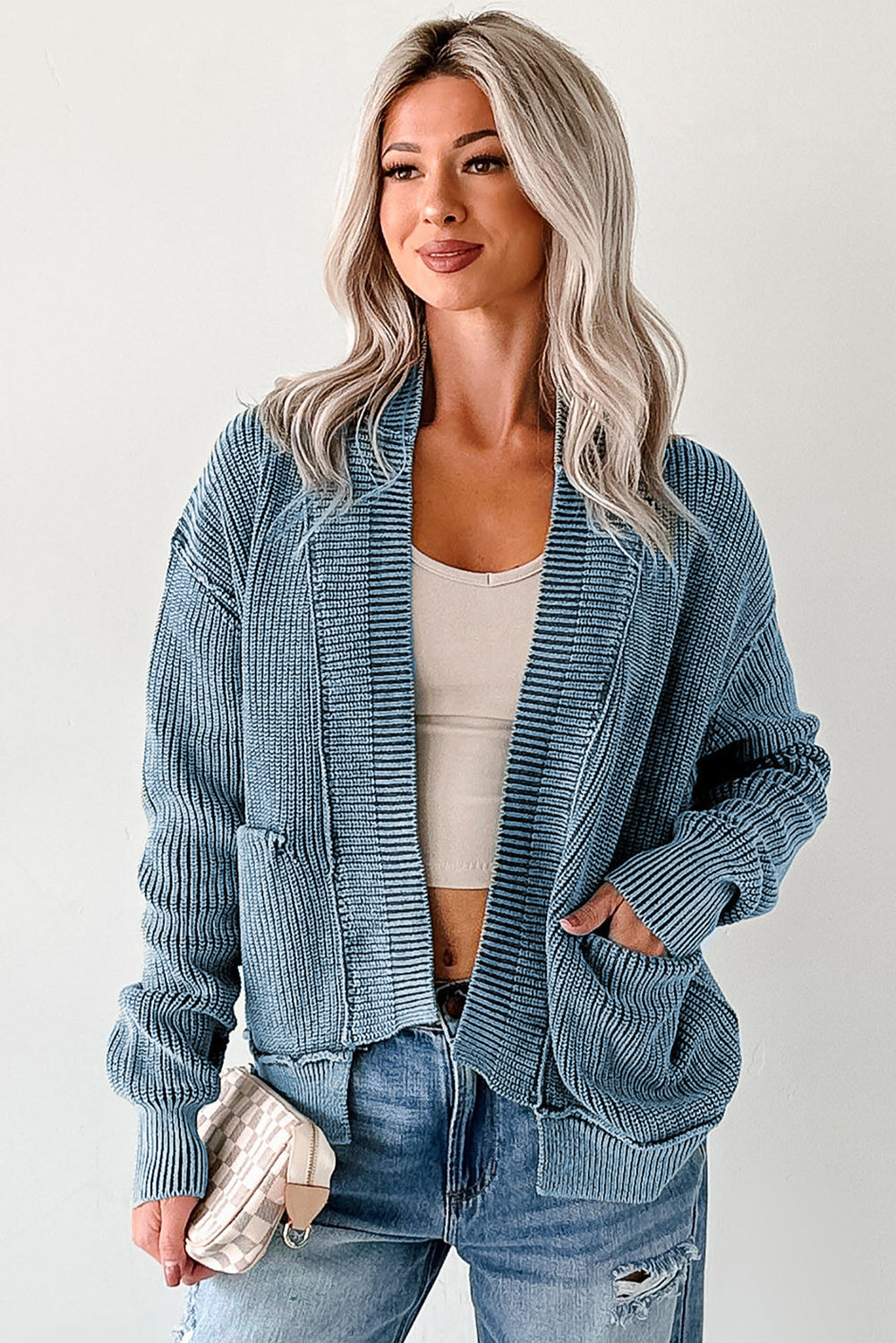 Evergreen Mineral Wash Exposed Seam Patchwork Knit Open Sweater Cardigan Dear-Lover Dropshipping