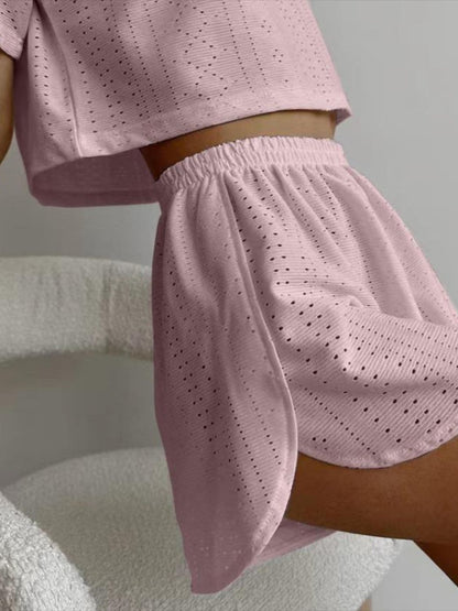 Eyelet Round Neck Top and Shorts Set.