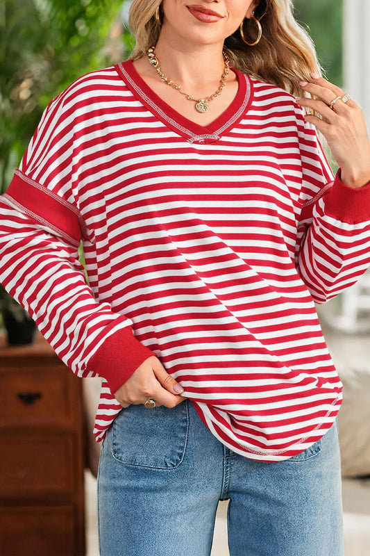 Red Stripe Exposed Seam V Neck Balloon Sleeve Pullover Dear-Lover Dropshipping