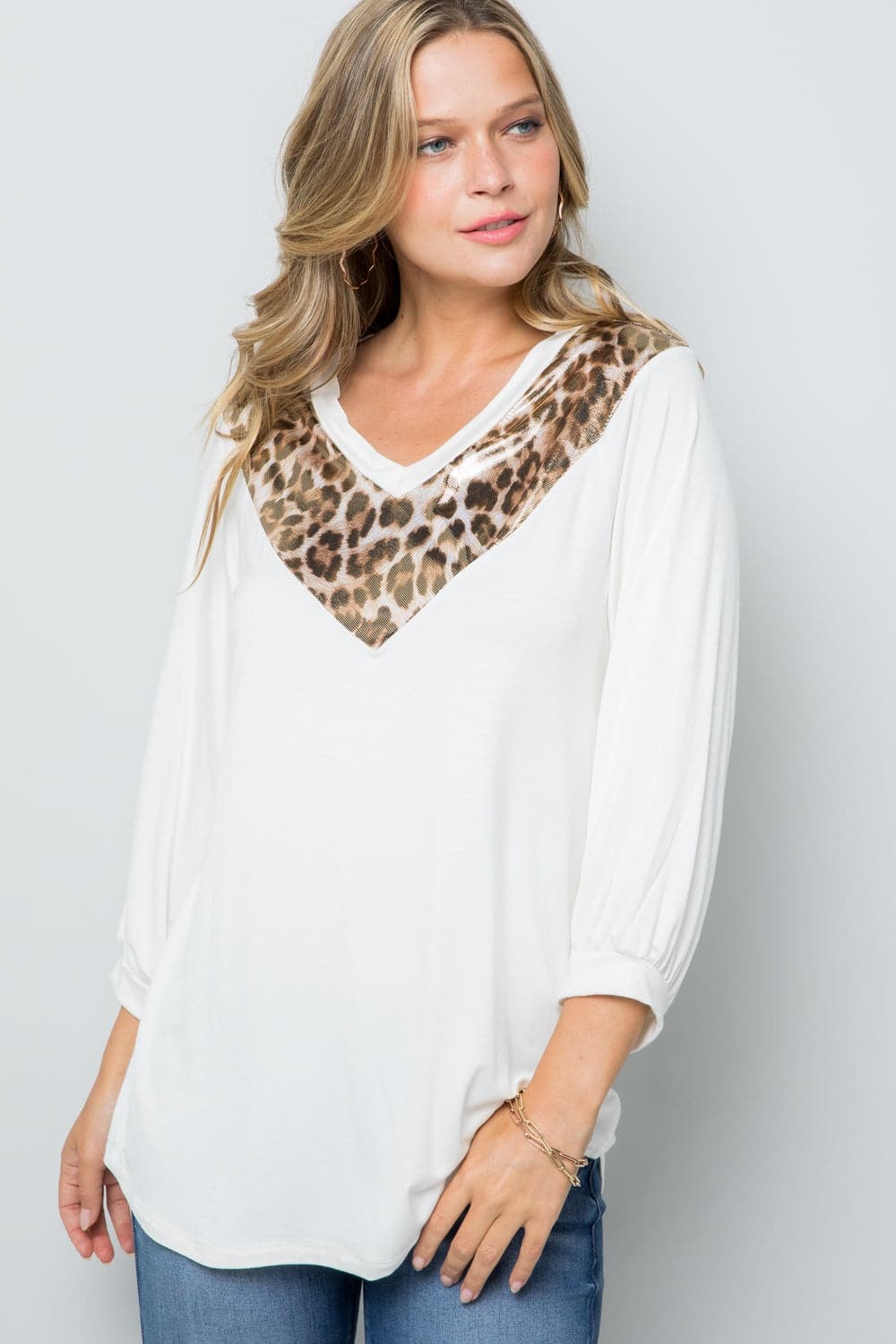 Celeste Full Size Leopard Contrast Balloon Sleeve Top.