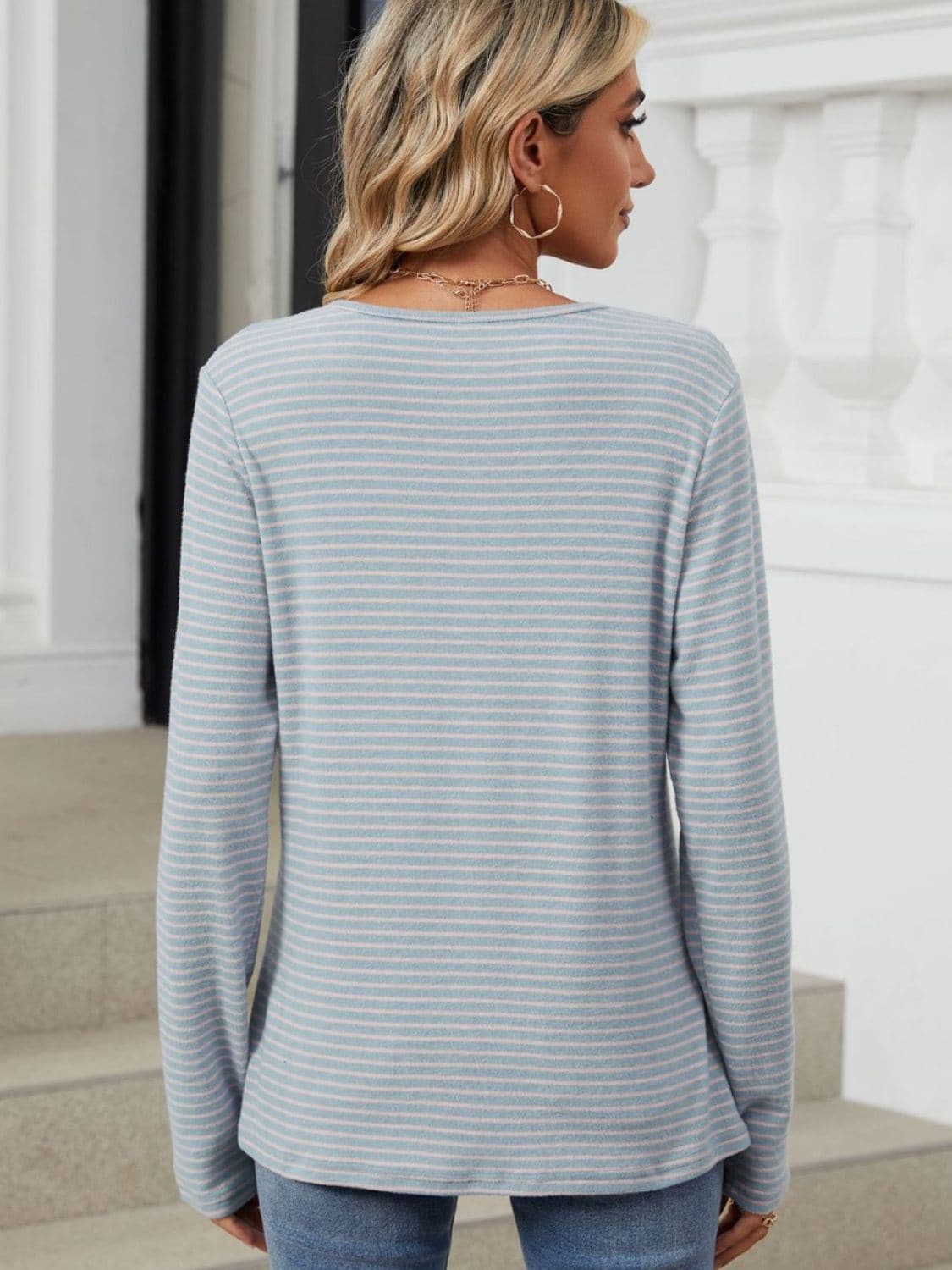 Striped Half Button Long Sleeve T-Shirt.