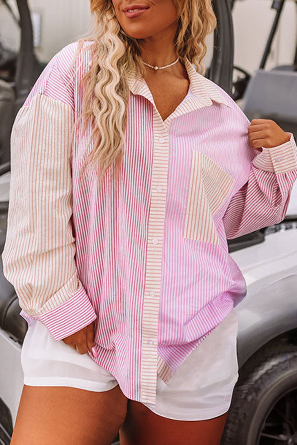 Chic pink striped colorblock plus size shirt