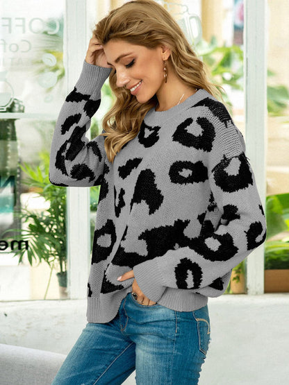 Drop Shoulder Leopard Pullover Sweater.