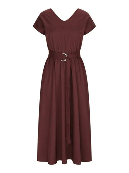 Ruched V-Neck Cap Sleeve Dress.