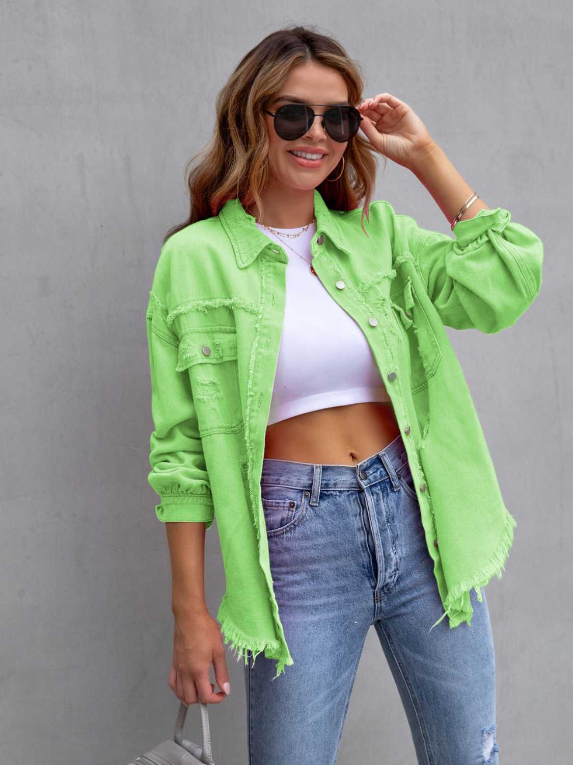 Distressed Drop Shoulder Denim Jacket Coco’s Tee Boutique