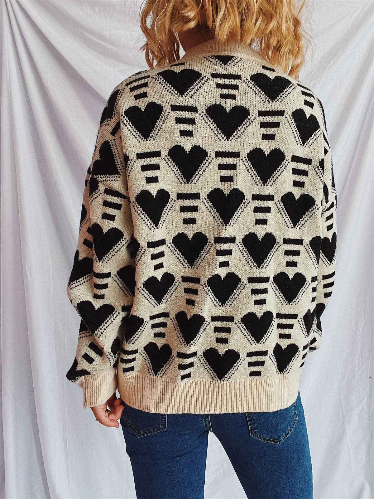 Heartfelt Contrast Long Sleeve Sweater with Dropped Shoulders