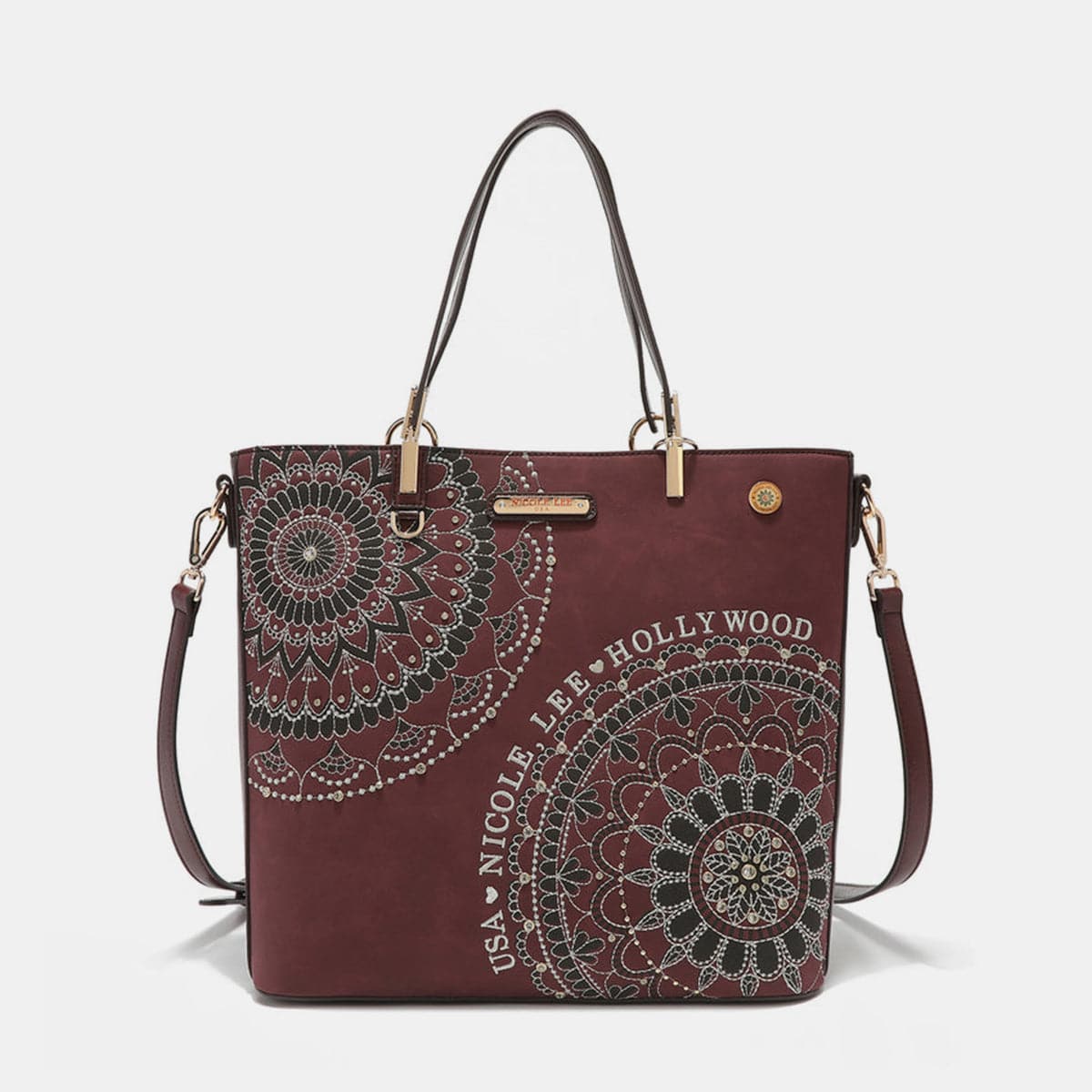 Nicole Lee USA Metallic Stitching Embroidery Inlaid Rhinestone Tote Bag.