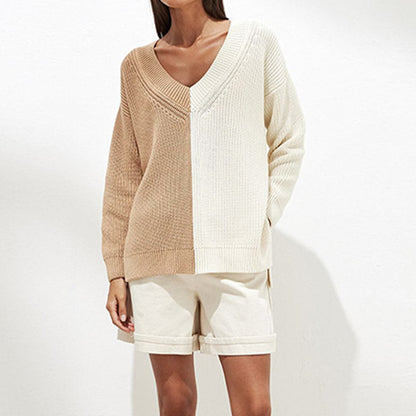 Contrast V-Neck Drop Shoulder Slit Sweater.