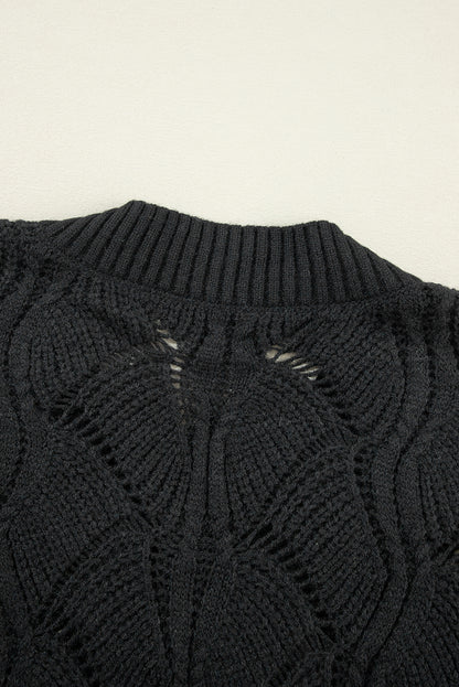 Chic black hollow knit v-neck sweater