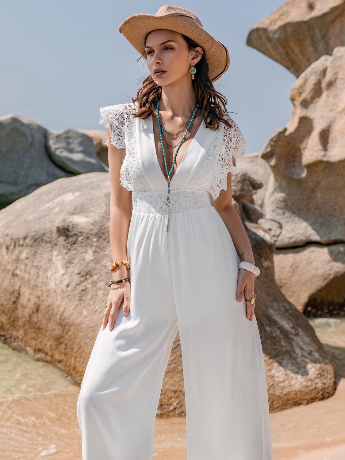 Lace Detail Plunge Cap Sleeve Jumpsuit.