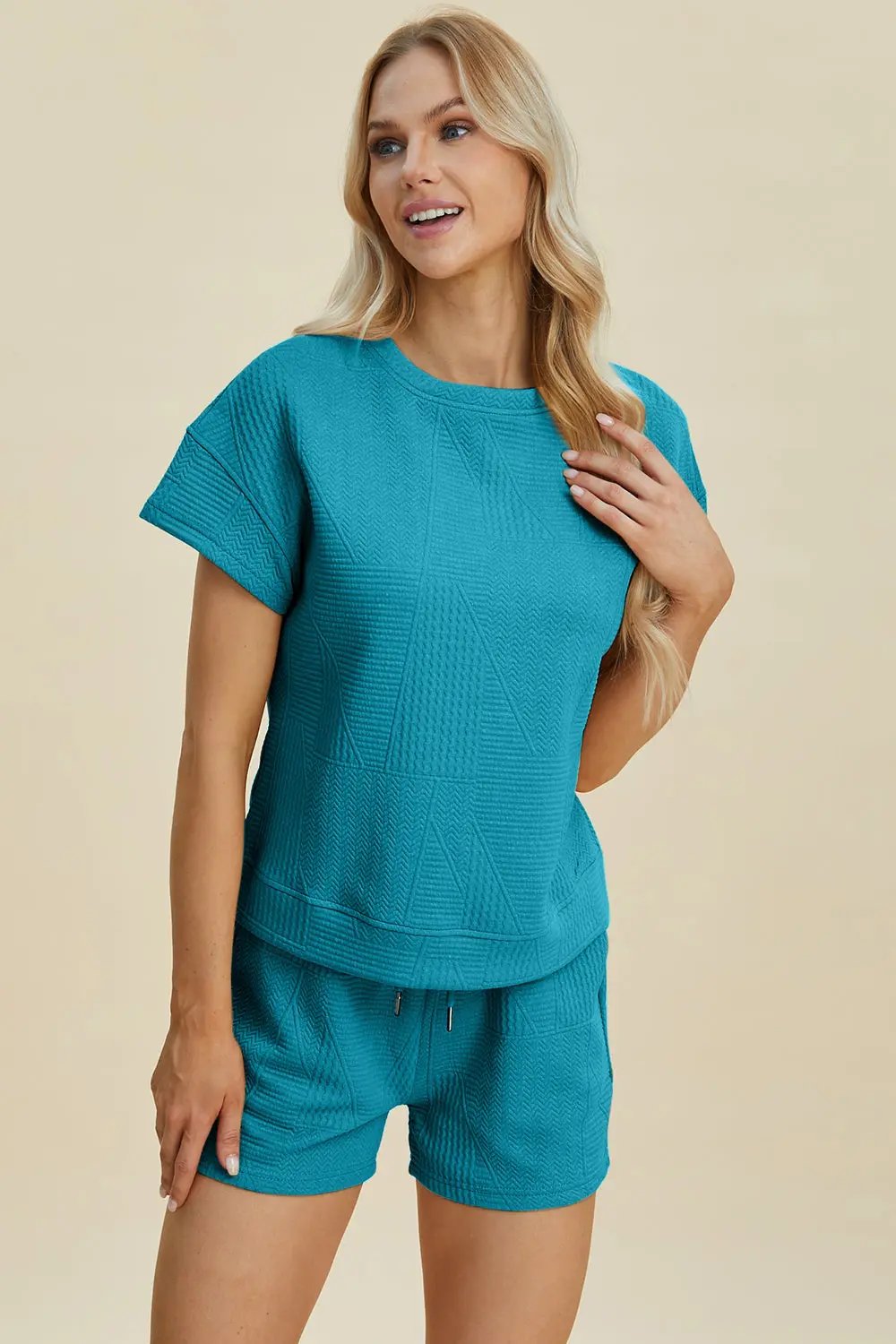 Double Take Full Size Texture Short Sleeve Top and Shorts Set - Love Salve