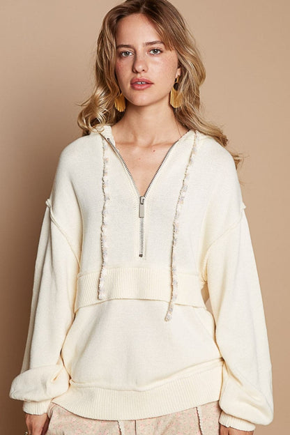 Cozy half zip hooded sweater with trendy drop shoulders