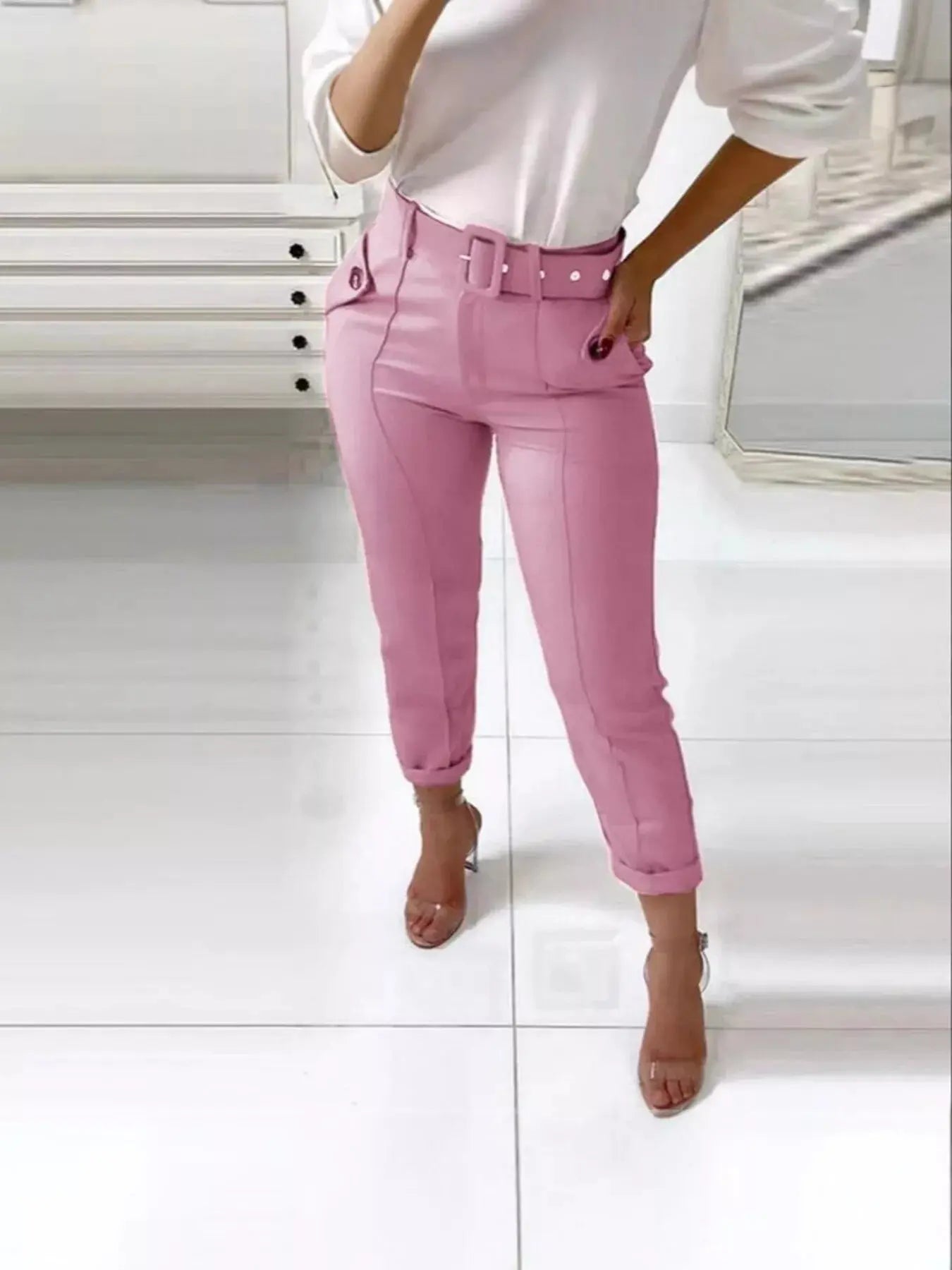 High Waist Belted Slim Fit Ankle Pants Simply Love
