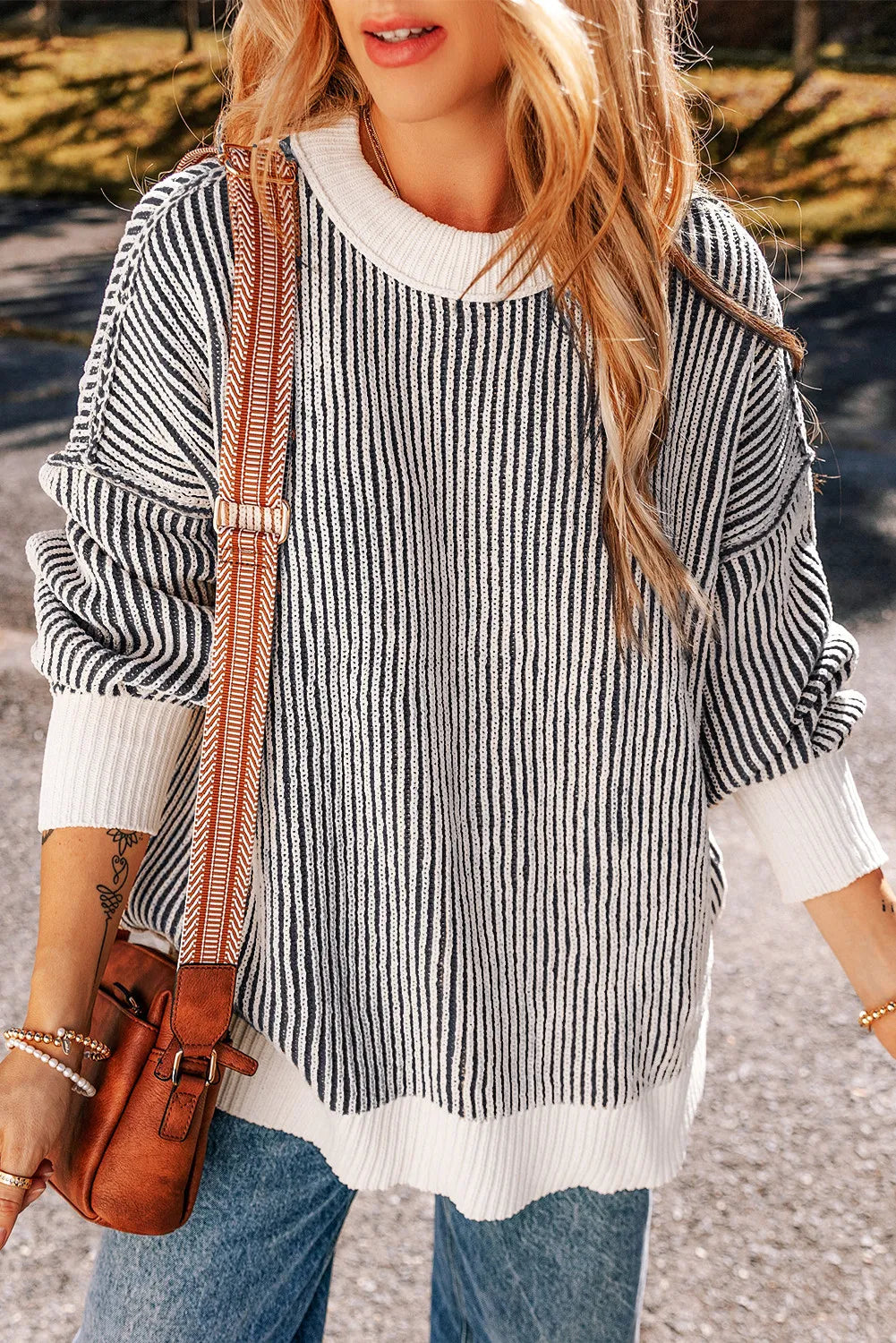 Cozy round neck oversized sweater with dropped shoulders