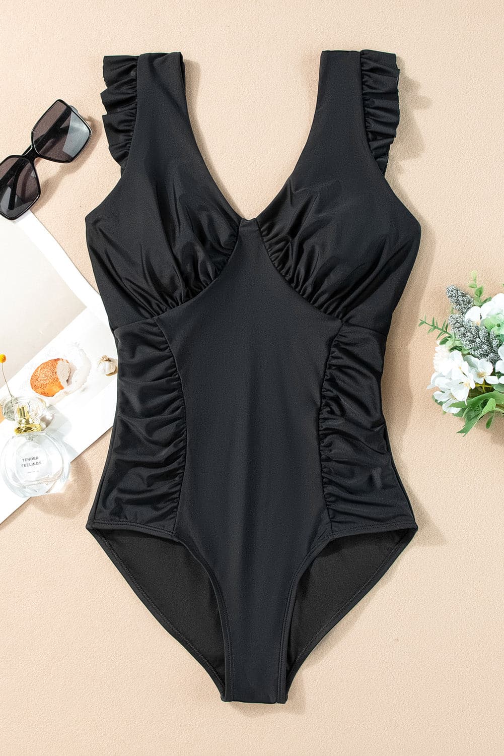 Full Size Ruched V-Neck One-Piece Swimwear.