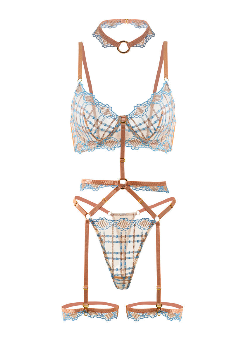 Sophia Blue & Beige Plaid Lingerie Set Hello.LA.Girl