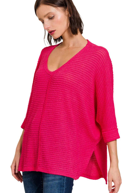 Zenana V-Neck High-Low Jacquard Knit Top.